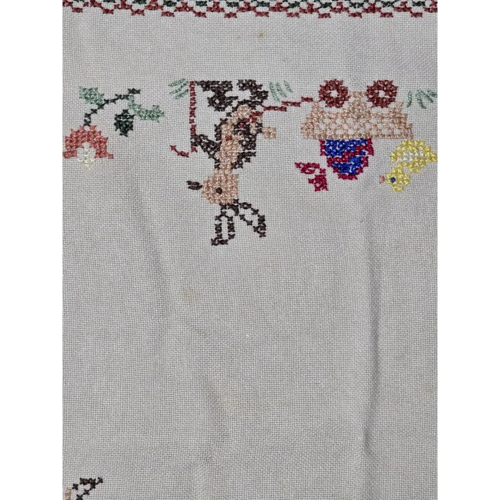 Vintage Handmade Embroidered Donkey Cart Floral Tablecloth Cottagecore Decor (V)
